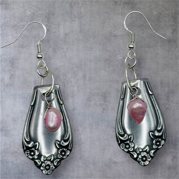 Handcrafted Spoon Earrings With Pink Freshwater Pearls & 925 Silver Hooks - Picture 9 of 11